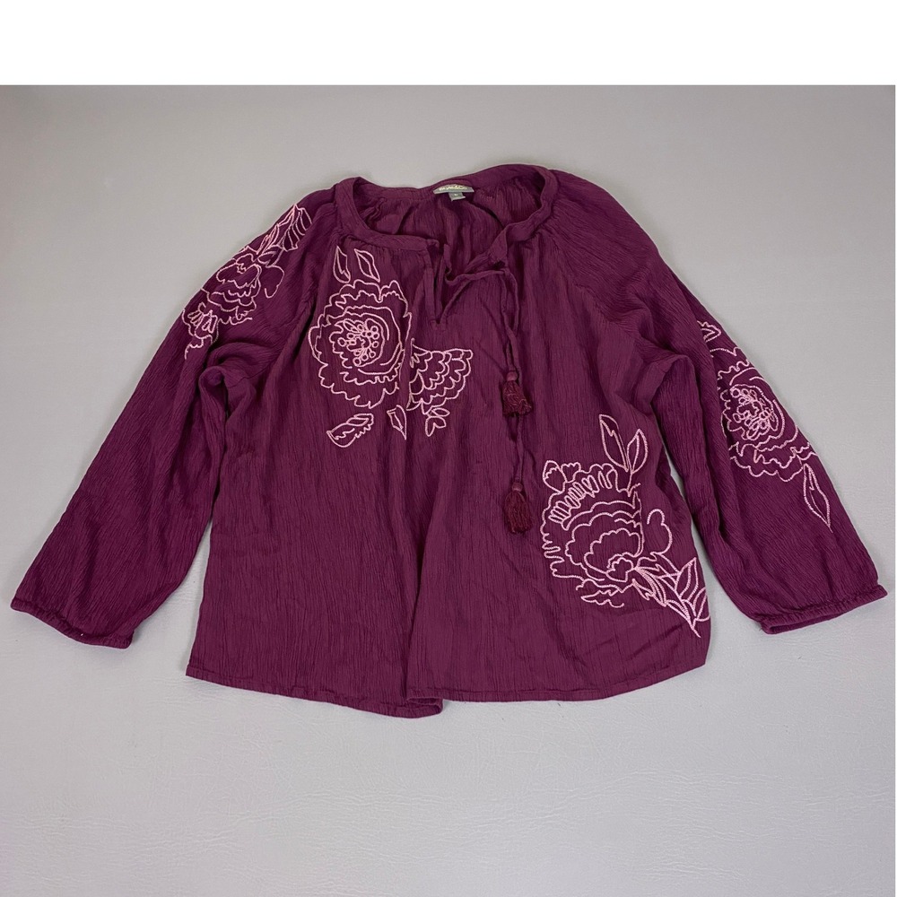 Style & Co Blouse Top Womens 3X Purple Embroidered Tassel Tie Neck Crinkle Gauze